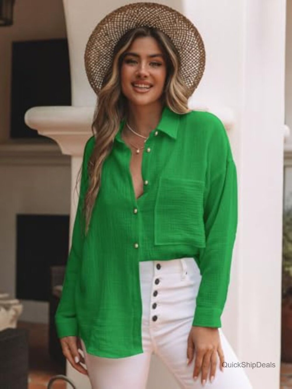 Oversized Cotton Button Down Long Sleeve Blouse with Pockets - Picture 2 of 4